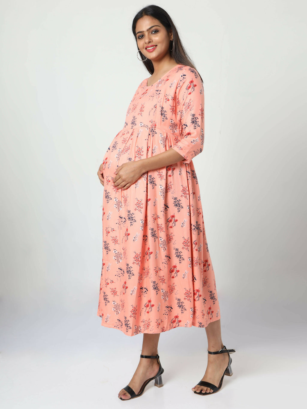 Manet Three Fourth Maternity Dress Floral Print With Concealed Zipper Nursing Access - Orange