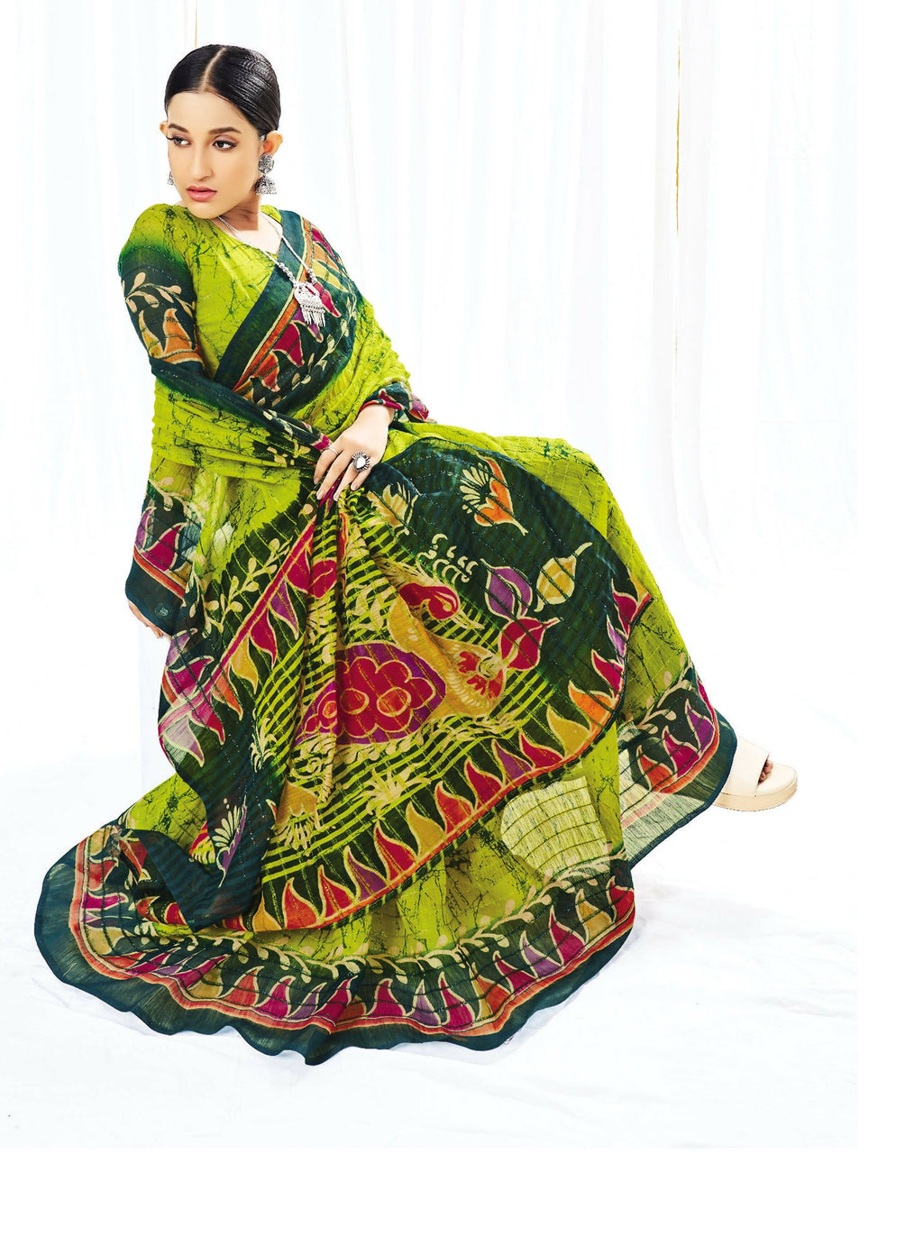 Green Chanderi Cotton Floral Printed Saree With Unstitched Blouse Piece - Kathika