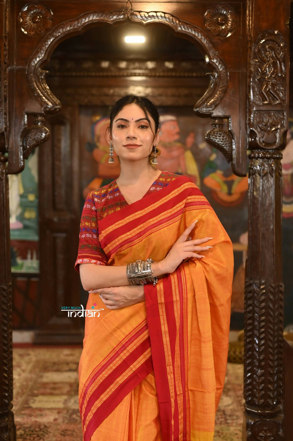 Very Much Indian Handloom Cotton Viscose Ilkal Saree Bright Mustard Yellow With Red Border