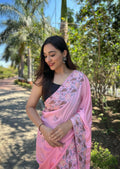 Vamsee Chinon Panchi Baby Pink Shimmer Saree