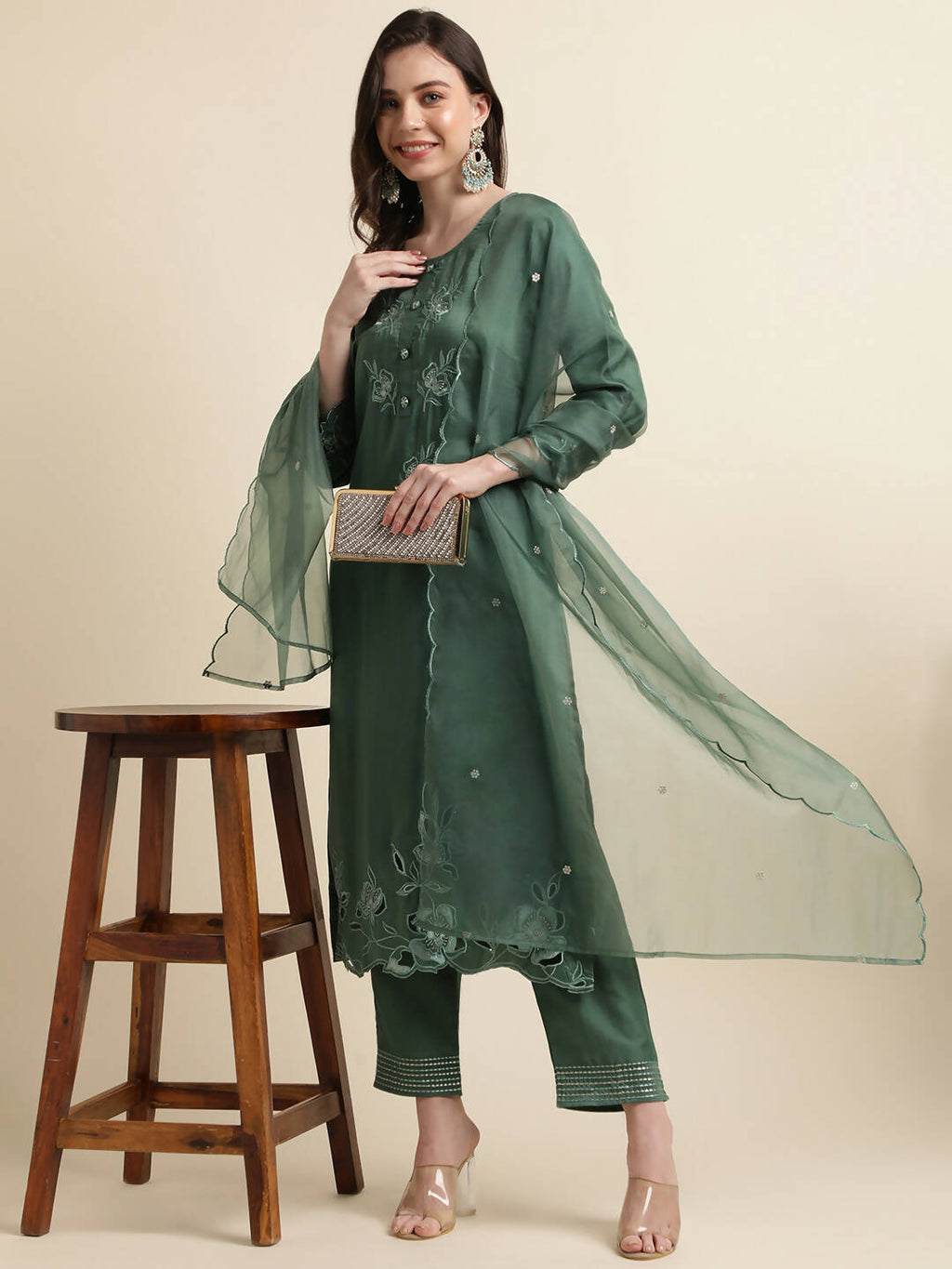 Green Chinon Silk Embroidered Straight Kurta with Trouser & Dupatta - Salimar