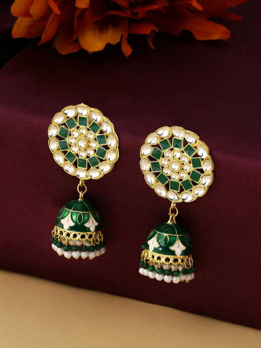 NVR Women Gold-Polished Green Dome Shaped Meenkari Jhumkas Earrings