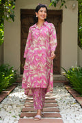 Aramya Pink Soft Cotton Foliage High Low Kurta for Women