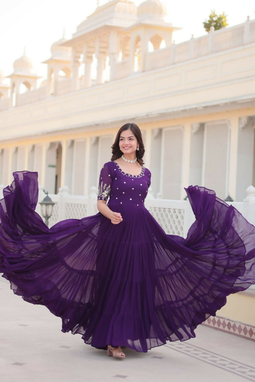 Vastranavya Premium Designer Faux Blooming with Embroidery Zari Sequins work Gown - Purple