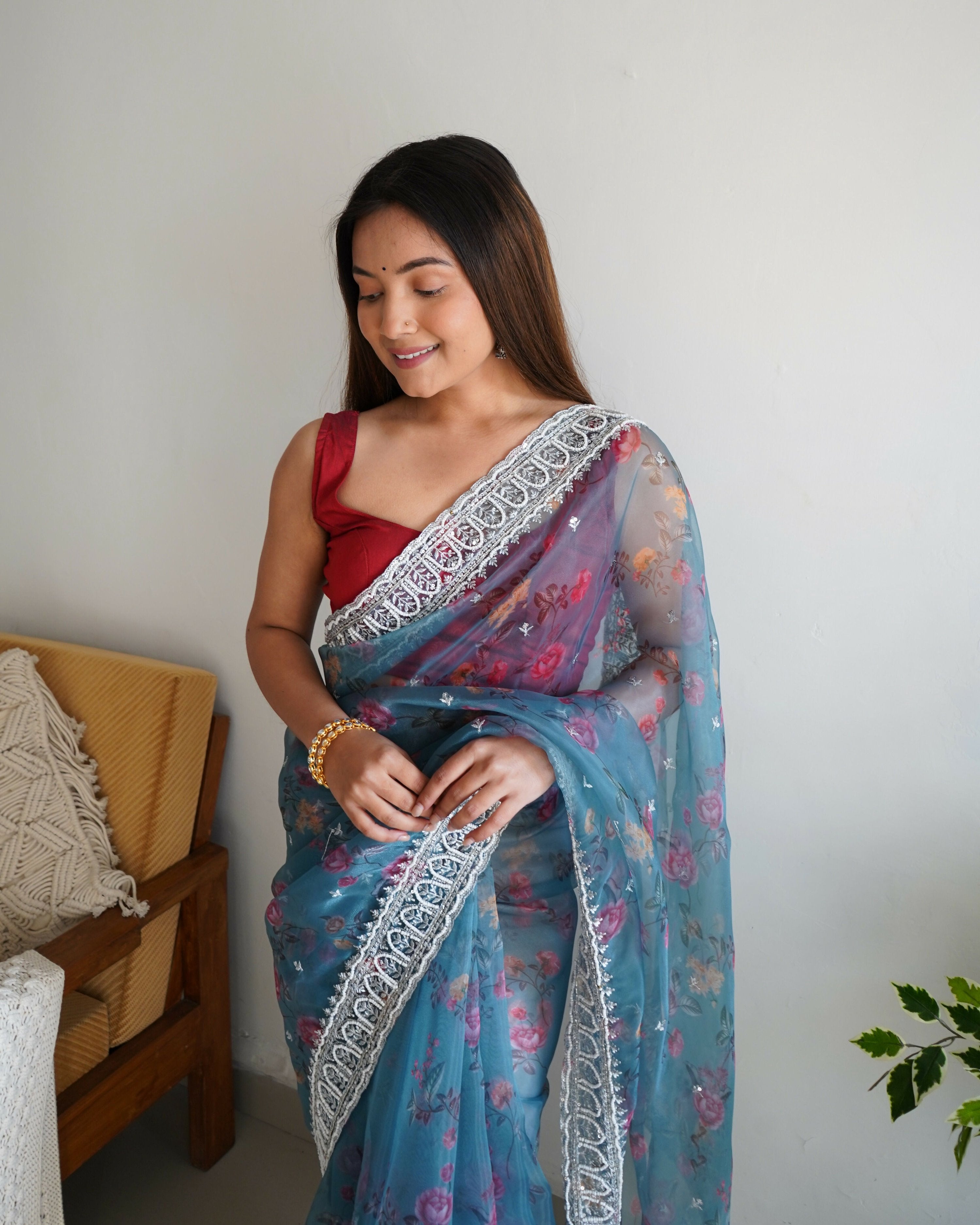 Vamsee Ferry Blue Organza Saree