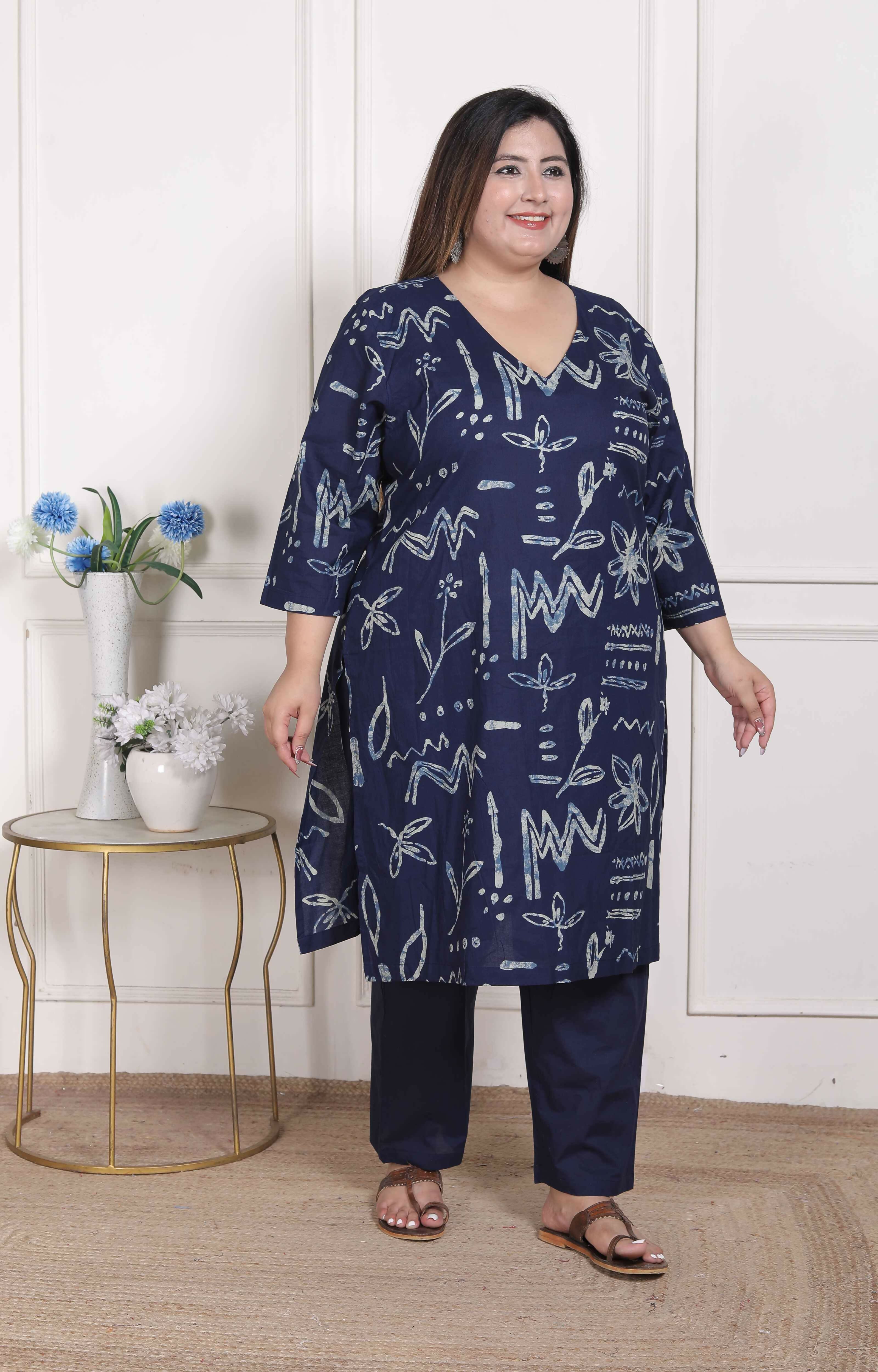 Miravan Women's Plus Size Abstract Printed Cotton Blue Kurta Set