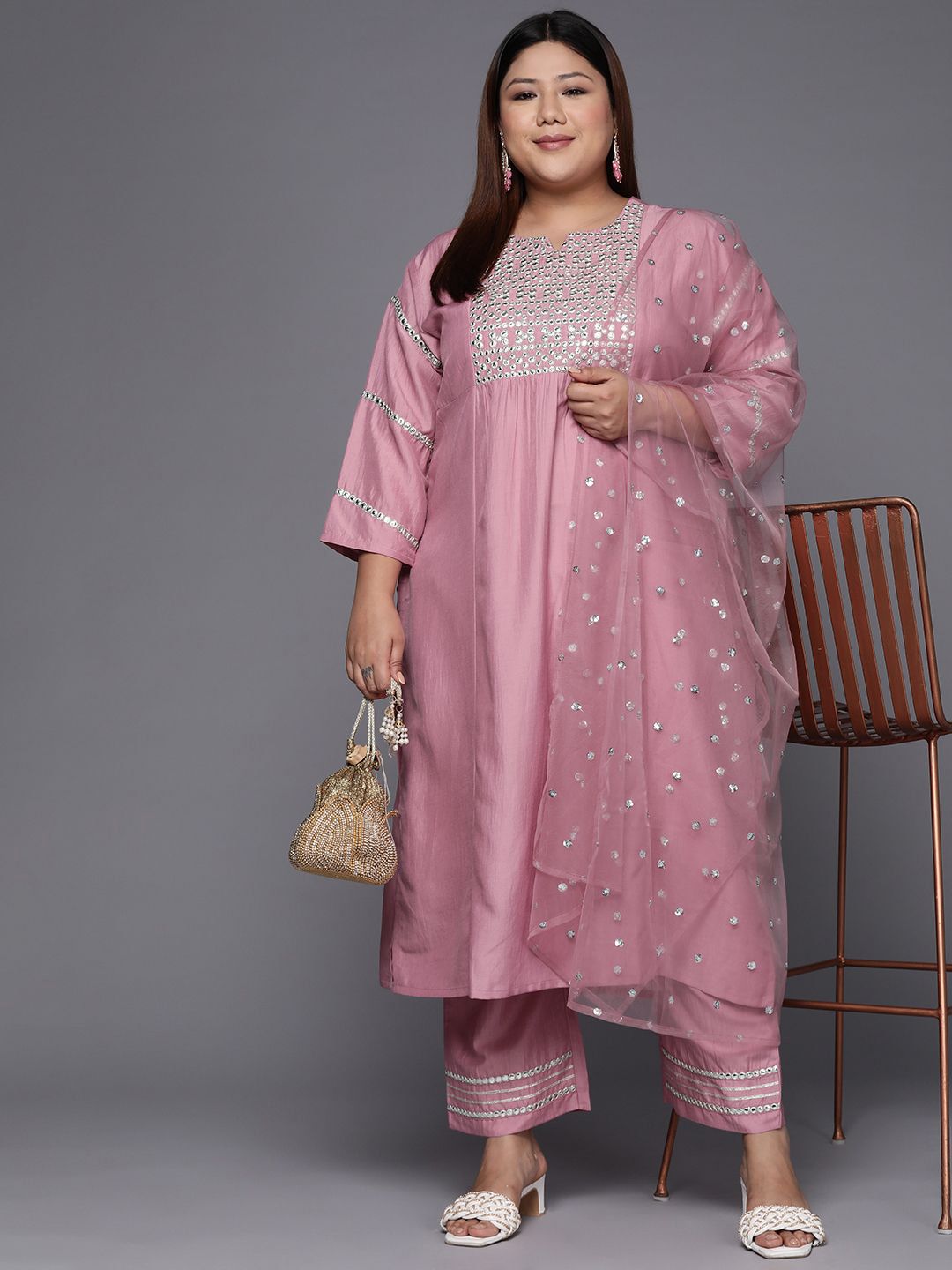Sztori Plus Size Ethnic Motifs Embroidered Mirror Work Straight Kurta & Trousers & Dupatta