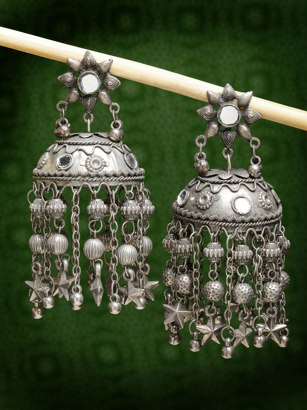 NVR Women's Silver Plated Mirror Work Oxidised Contemporary Jhumka Earrings
