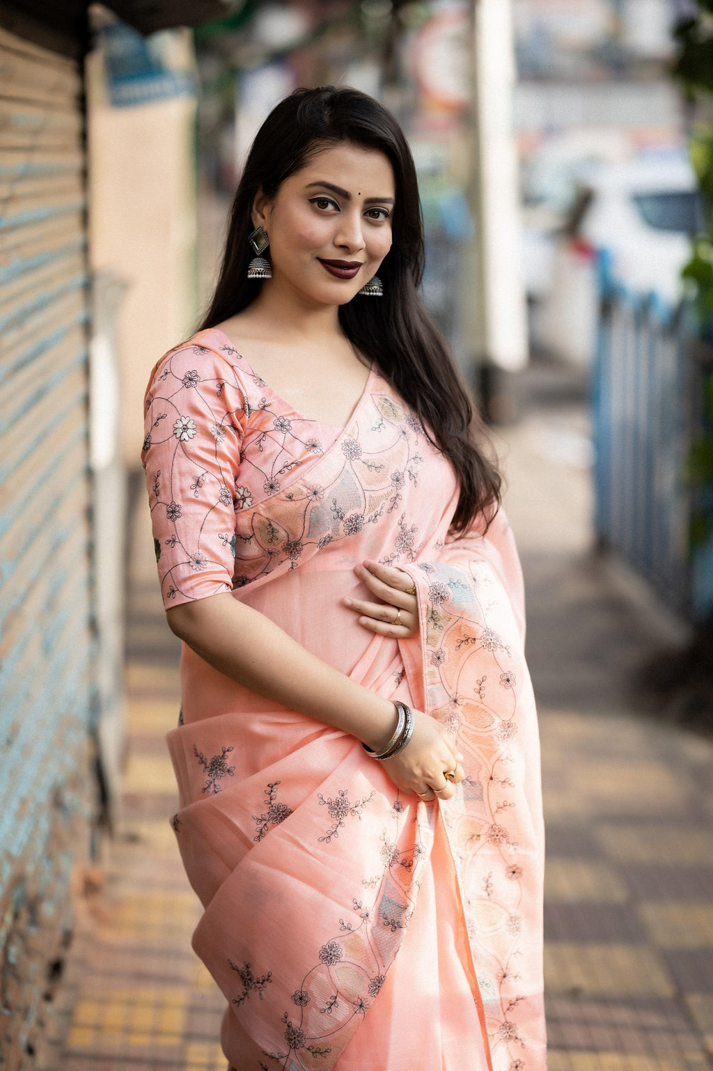 Pink Pure Linen Ethnic Motifs Saree with Unstitched Blouse - Hiral Fashion