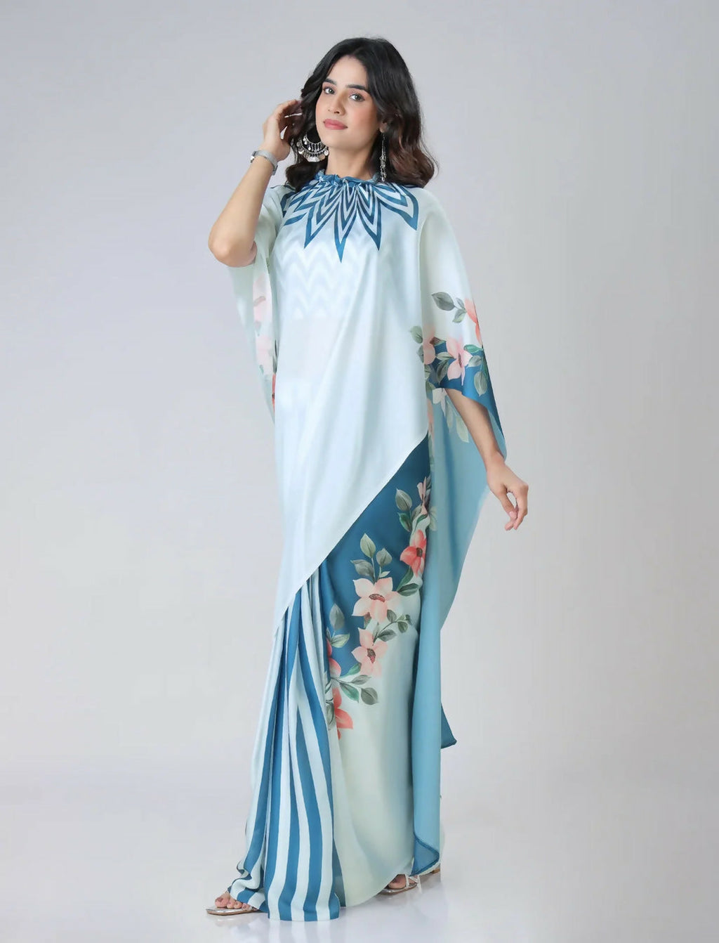 Vastranavya Icy Blue Freehand with Navy Starburst & Floral Print Ready to Wear Saree