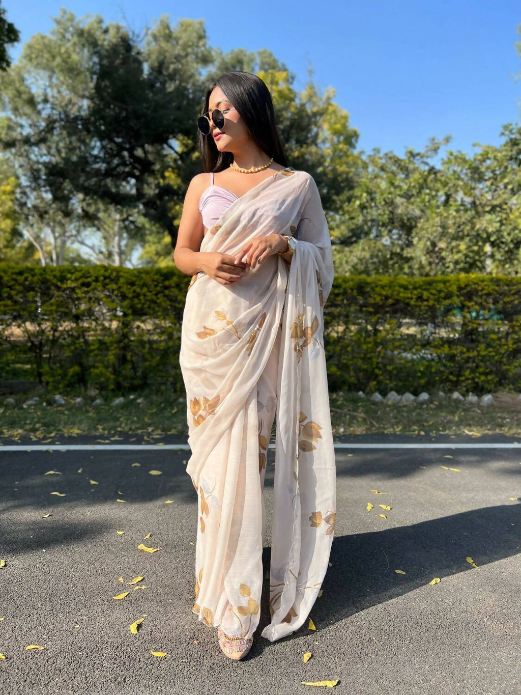 Vamsee Cream Chiffon Designer Saree