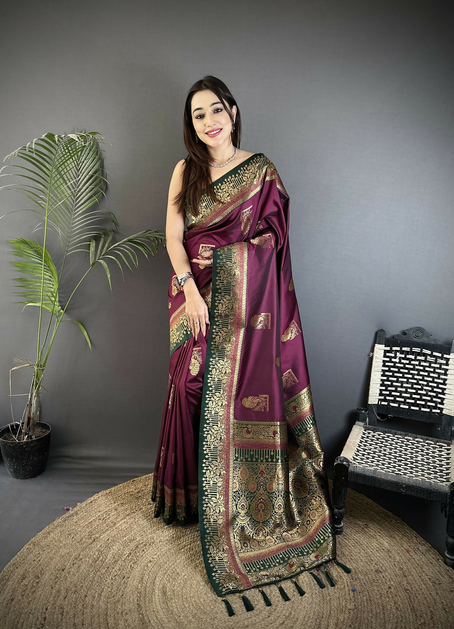 Joban Fashion Maroon Banarasi Soft Silk Peacock Butta Work Saree