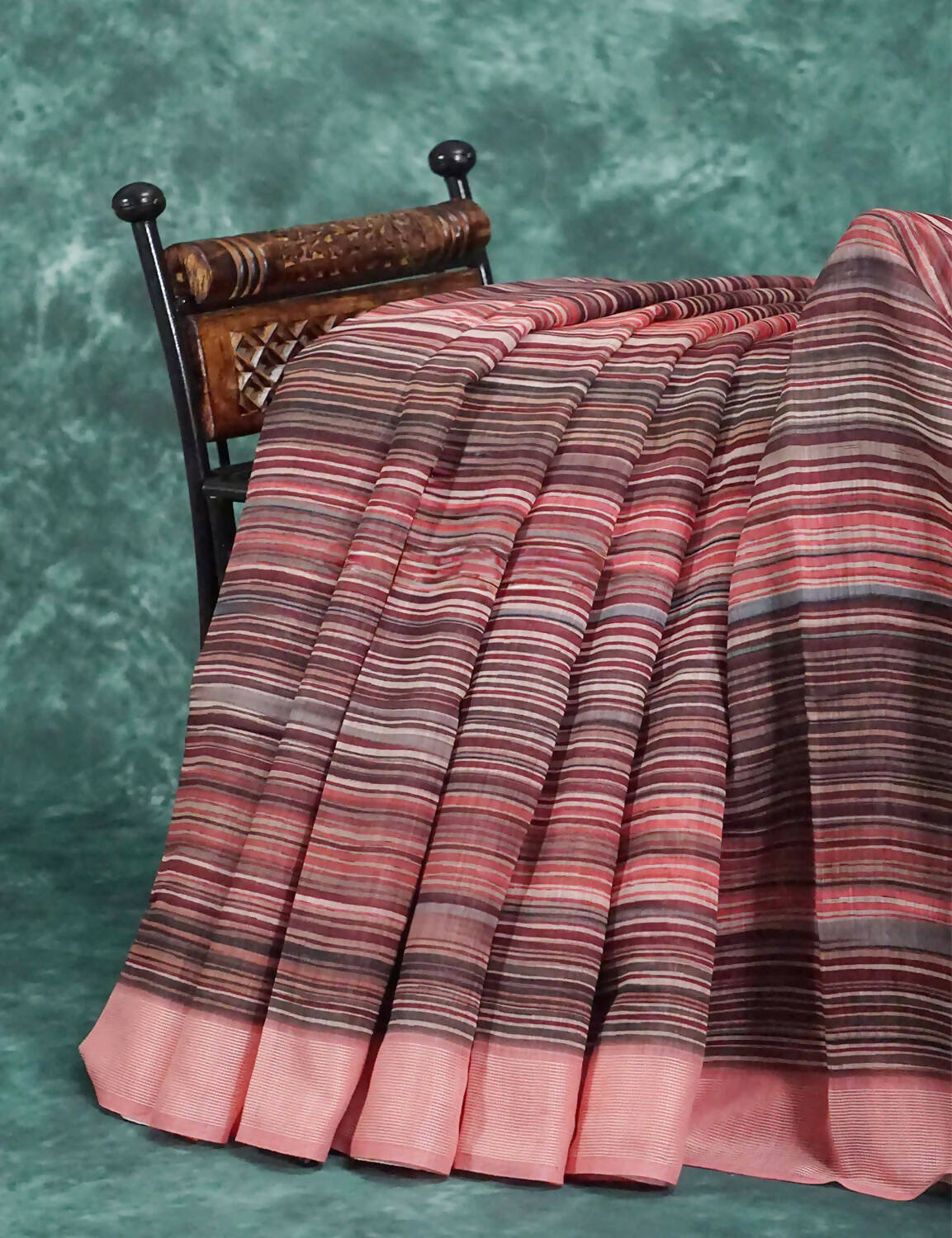 Peach And Brown Colour With Geometrical Print Semi Chanderi Saree. By Gayathri Reddy Designer Studio