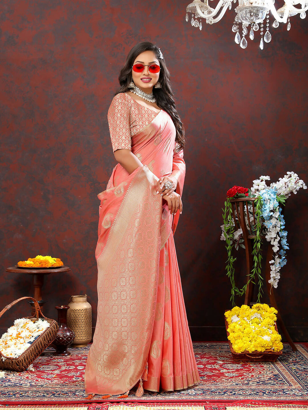 Lorenvalley Fashion Peach Cotton Woven Design with Zari Weaving Design Saree