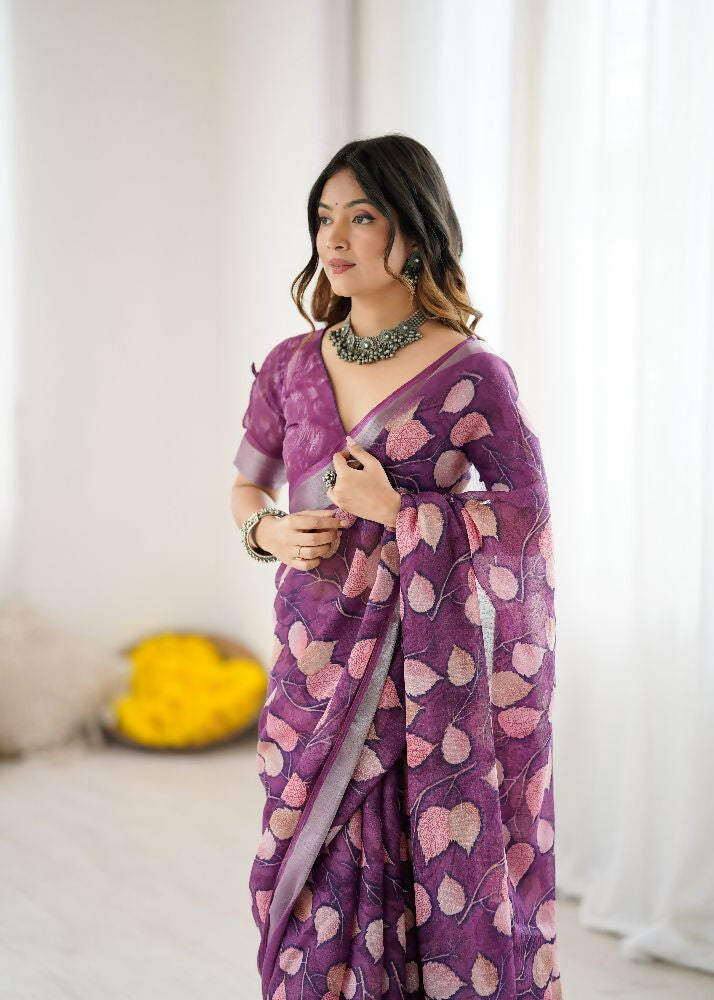 PR Fashion Purple Linen Patta Printed Saree