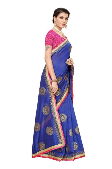 Vamika Chanderi Cotton Foil Print Blue Saree (GOLDEN BIRD BLUE)