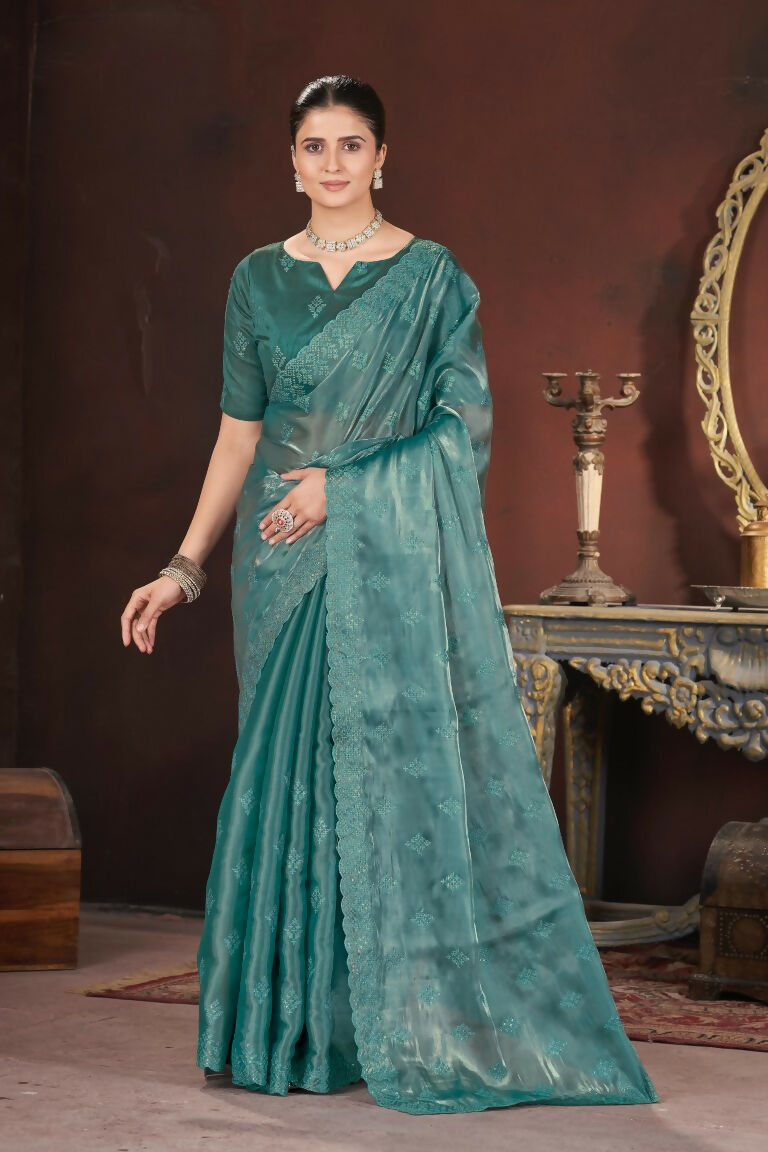 Vastranavya Teal Jimmy Choo Silk 3mm Sequence work with Cross Stitch Embroidery work & Cutwork Border Saree