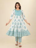 Aramya White Soft Cotton Block Print Anarkali Kurta Set for Women