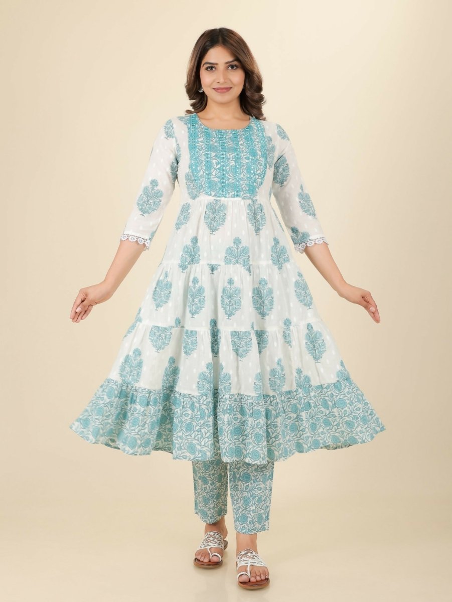 Aramya White Soft Cotton Block Print Anarkali Kurta Set for Women