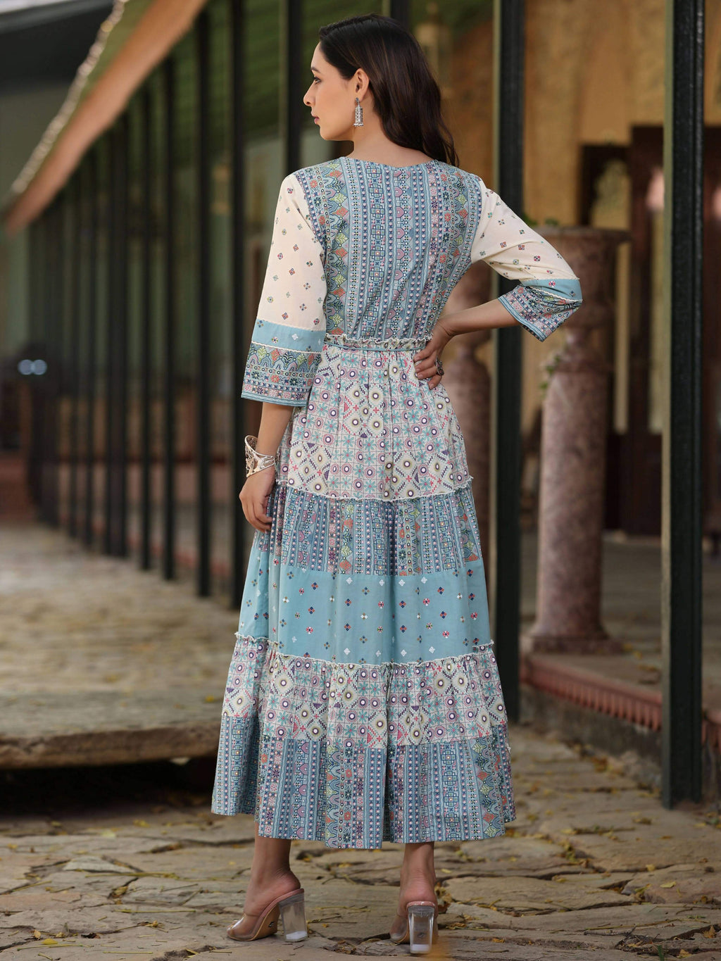 Juniper Women's Blue Cotton Cambric Geometric Printed Tiered Maxi Dress