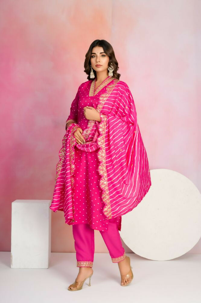 Ethnic Festive Wear Viscose Chanderi Pink Stitched Suit With Dupatta - Tanisha