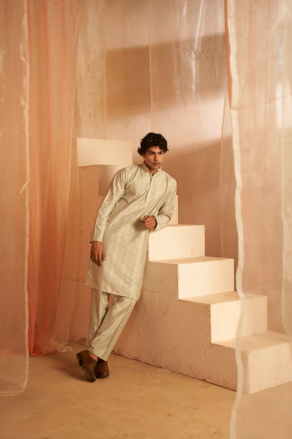 Light Green Silk Designer Embroidery Work Men's Kurta Set - Mahotsav