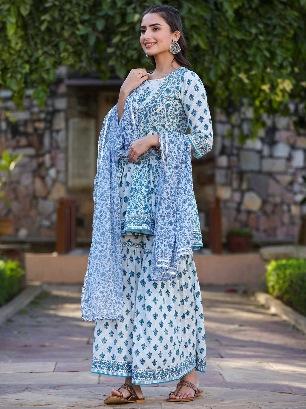 Juniper Women's Blue Cotton Cambric Floral Placement Printed Anarkali Kurta Sharara & Dupatta Set