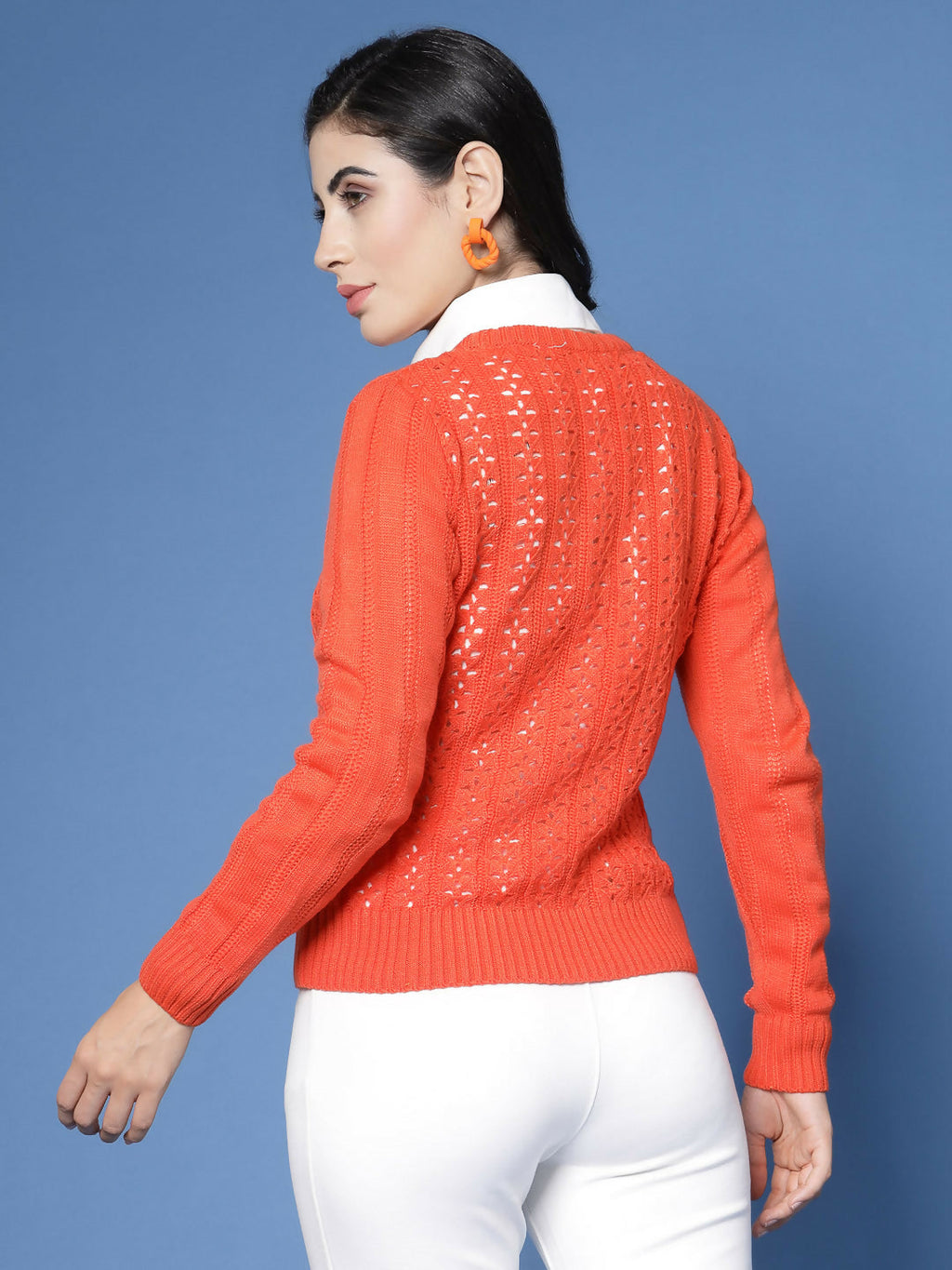 Women Pointelle Rust Acrylic Winter Cardigan - Wool Trees