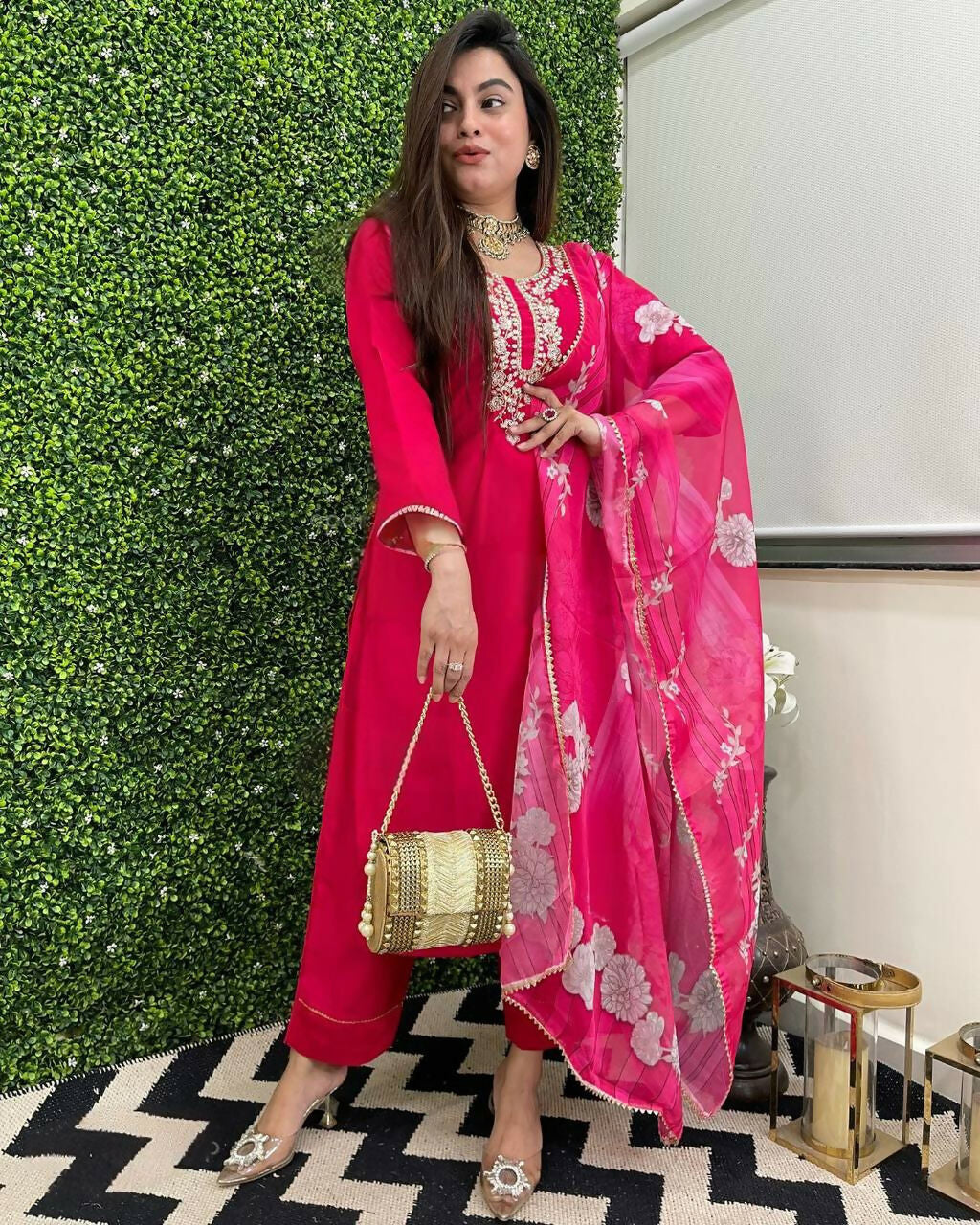 The52 Rani Women's Beautiful Viscose Chanderi Fabric Embroidered Work Straight Kurta Pant and Dupatta Set
