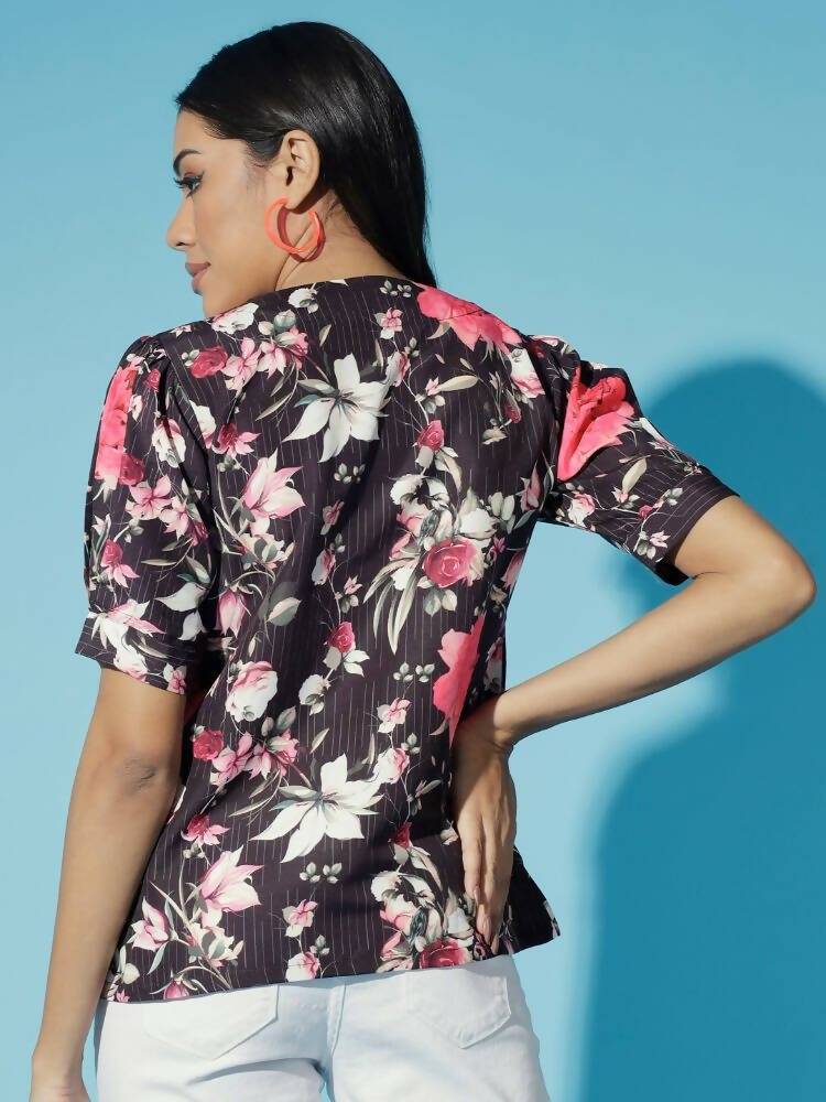 Myshka Women Black Floral V-Neck Regular Sleeves Viscose Rayon Top