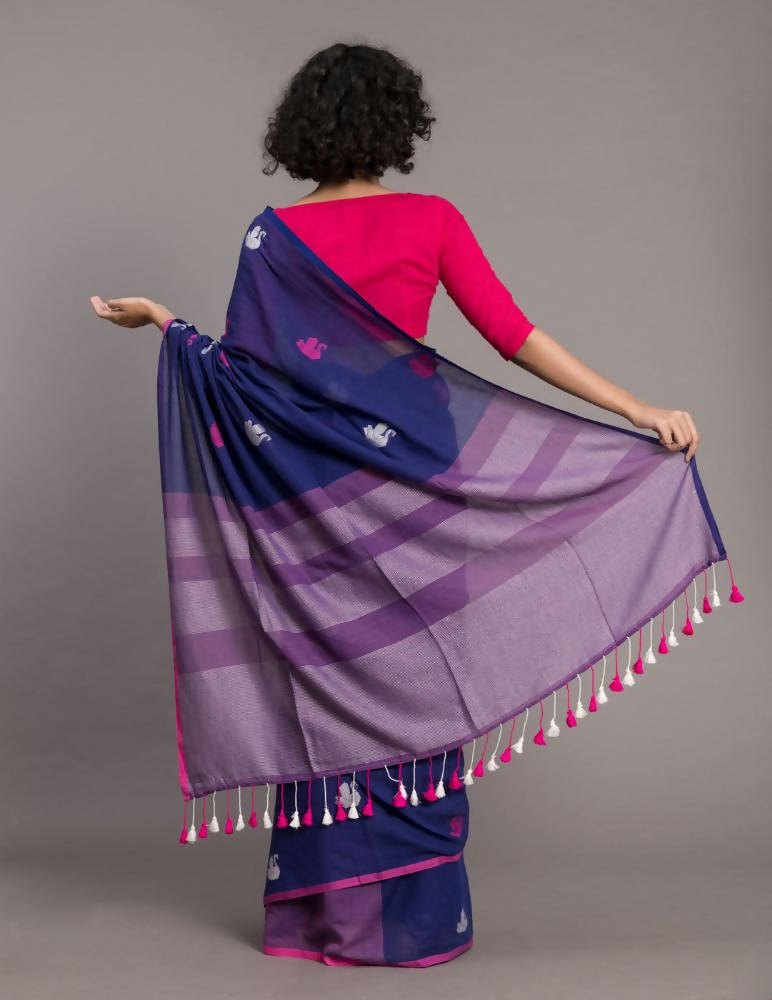 Suta Blue Pink Ethnic Motifs Handloom Cotton Woven Saree