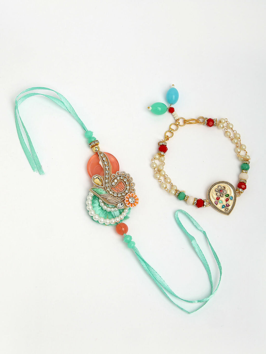NVR Women & Men Set of 2 Multicolor Stone-Studded & Beaded Bhaiya Bhabhi Rakhi With Roli Chawal