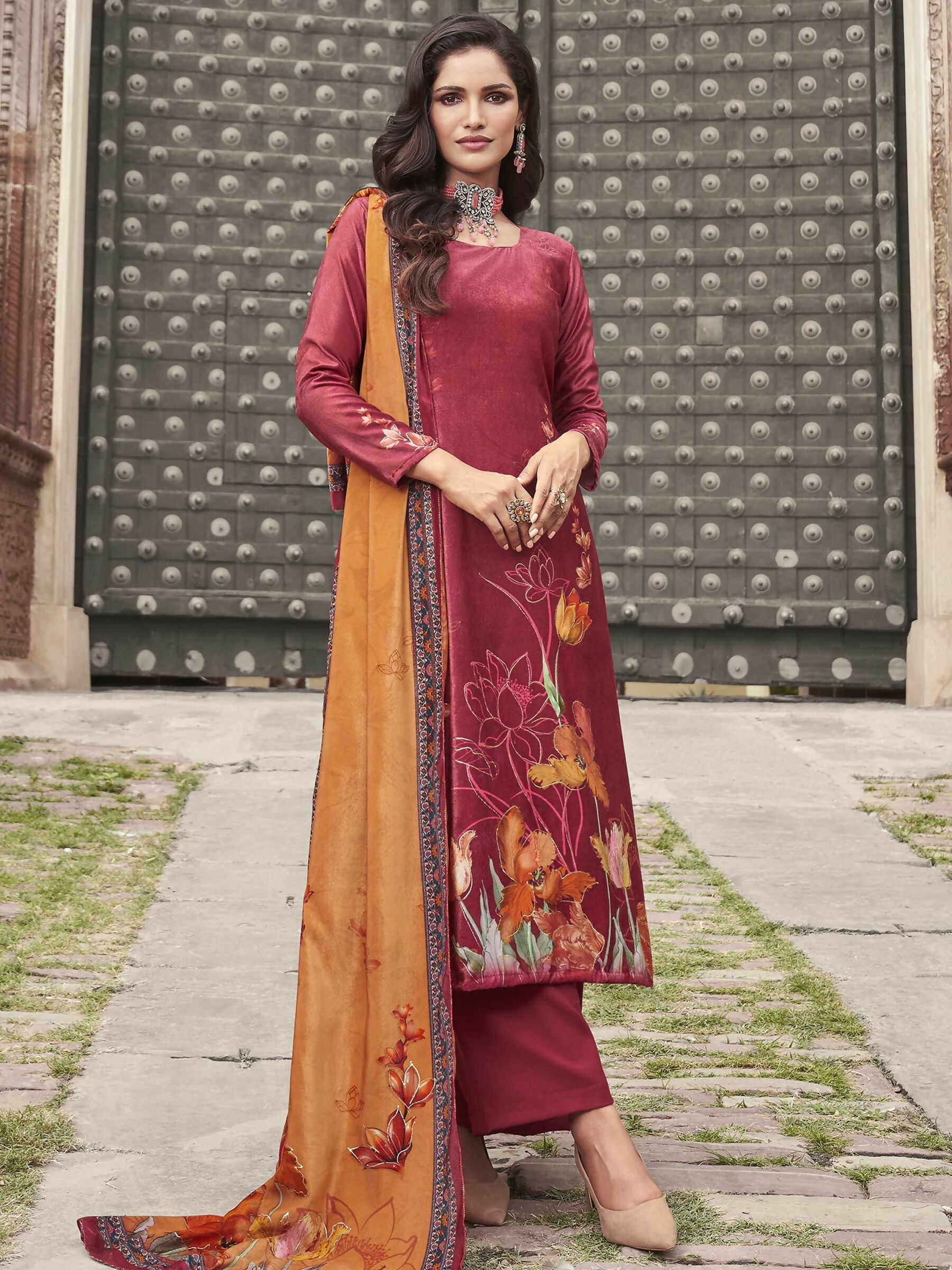 Jyoti Fashion Women's Red Velvet Floral Digital Printed Kurta with Trouser & Dupatta