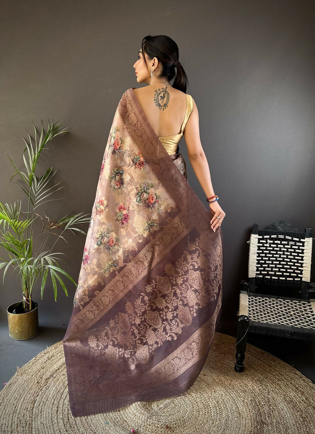Joban Fashion Brown Floral Motifs Banarasi Silk Sarees