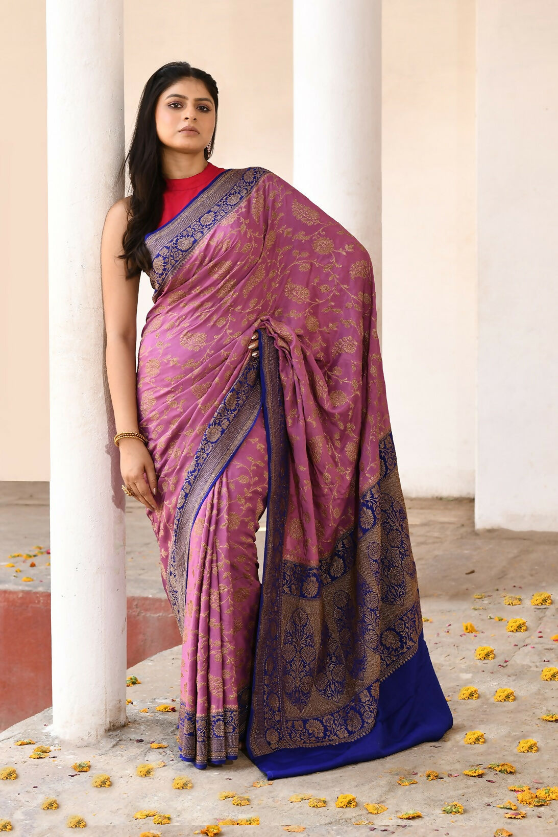 Joban Fashion Nude Pink Crepe Chiffon Pure Handloom Banarasi Silk Saree
