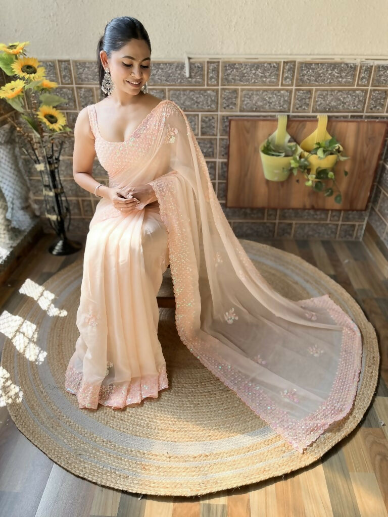 Peach Georgette Sequence Embroidery Cut Work Saree - Saadia
