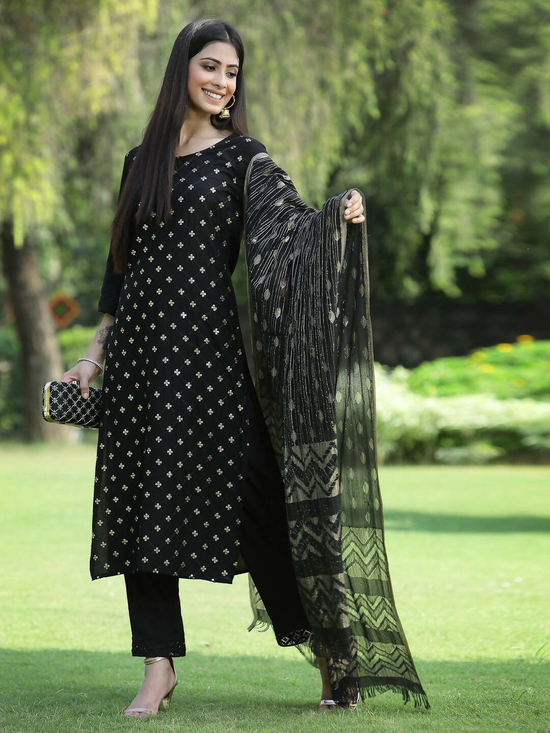 Juniper Women's Black Rayon Embellished Straight Kurta Sets