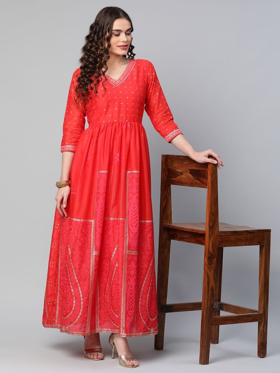 Ahalyaa Women Red Chanderi Khari Printed Dress