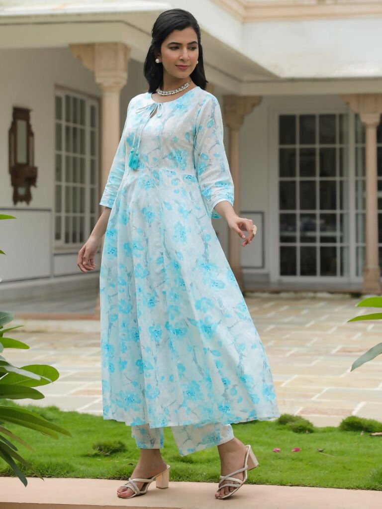 Aramya Flared Textured Cotton Floral Print Women's Kurta - White