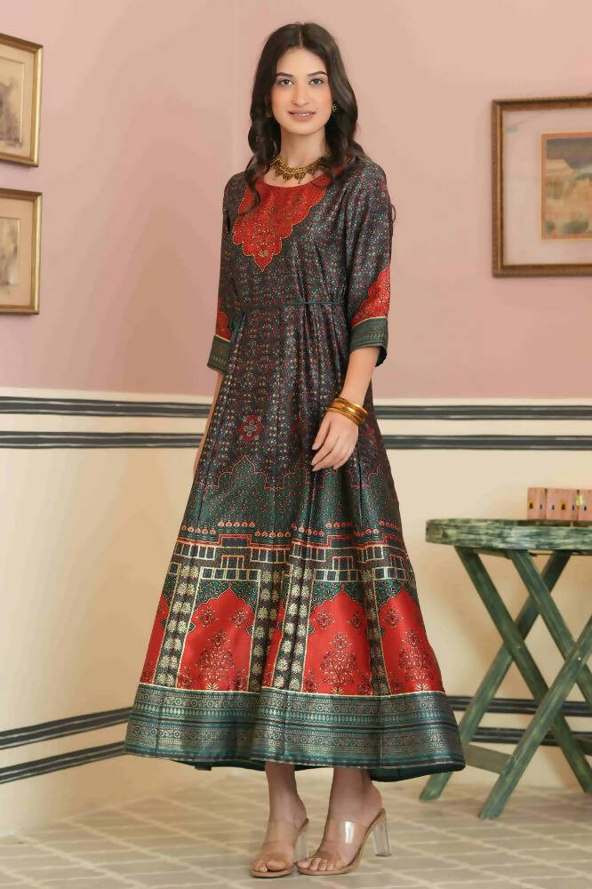 Juniper Green Satin Festive Printed Anarkali Flared Anarkali Kurta For Women