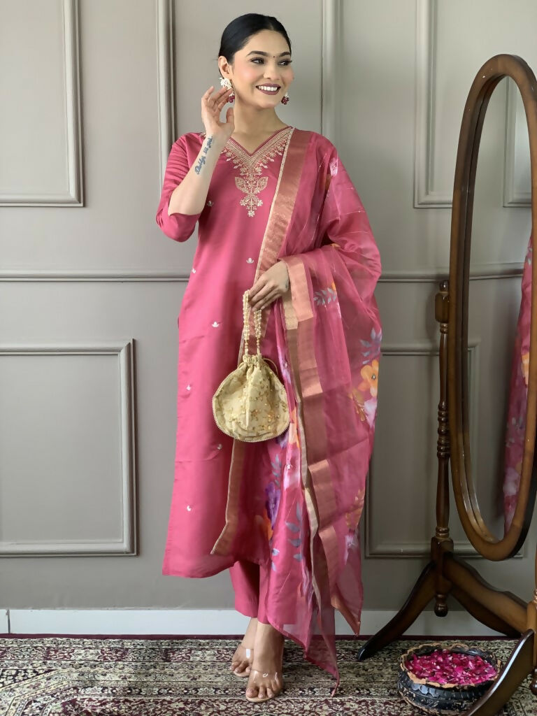 Light Pink Viscose chanderi Stitched Suit With Dupatta - Tanisha