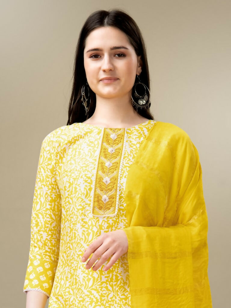 Jyoti Fashion Women's Yellow Rayon Embroidery & Sequence work Kurta with Trouser & Dupatta