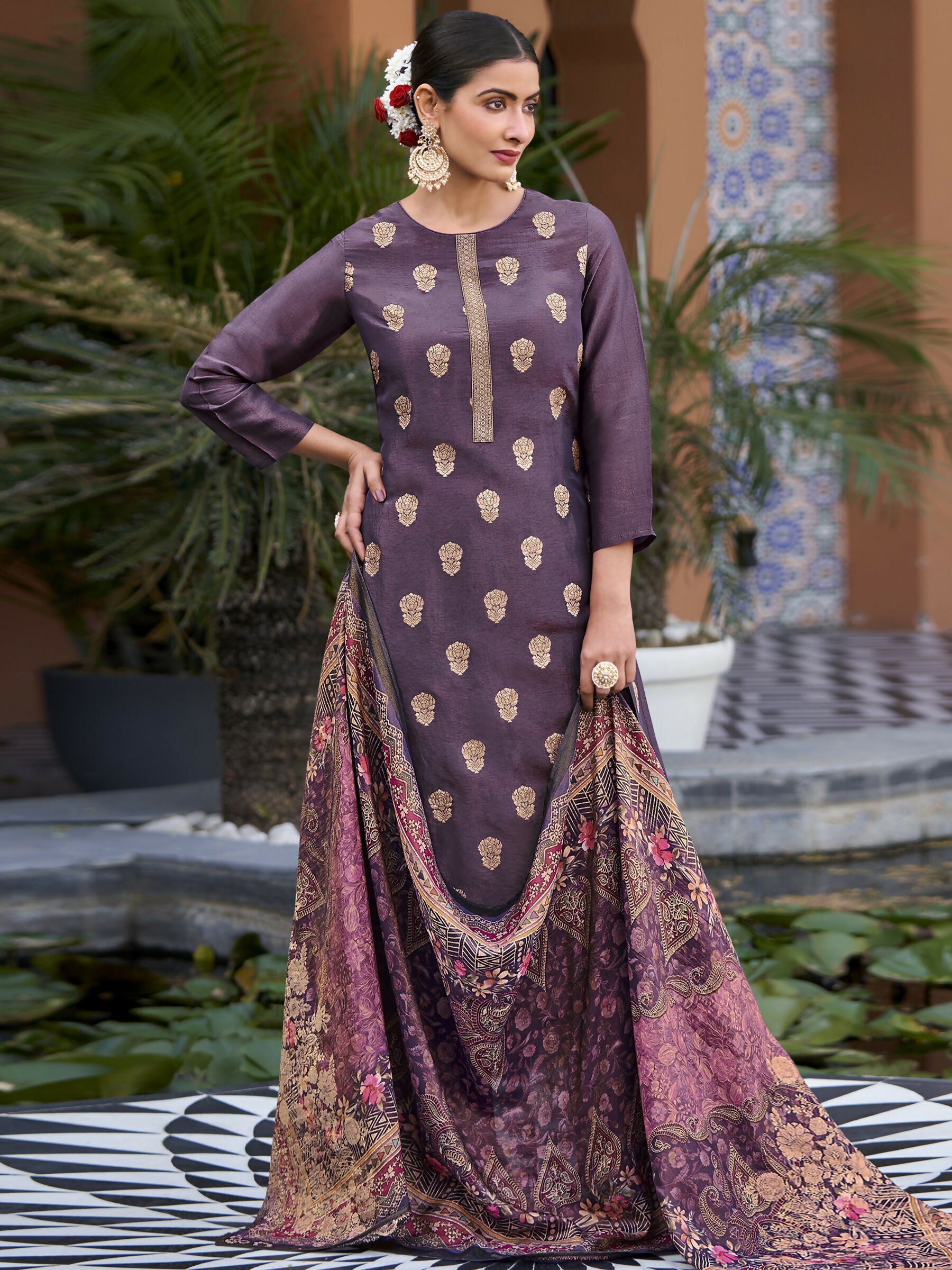 Jyoti Fashion Women's Purple Pure Silk Elegant Jacquard Woven Kurta with Trouser & Dupatta