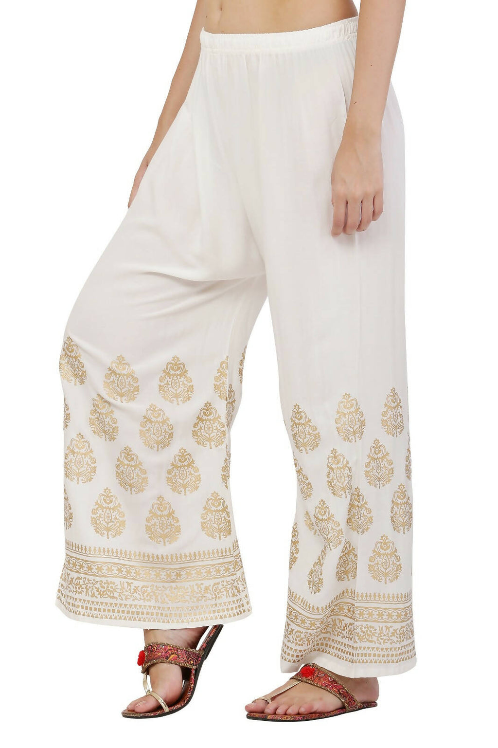 PAVONINE White Color Golden Printed Rayon Fabric Sharara For Women