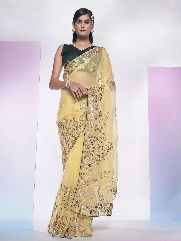 Cream Simmar Heavy Gotta Embroidery Work Saree with Unstitched Blouse - Vandini