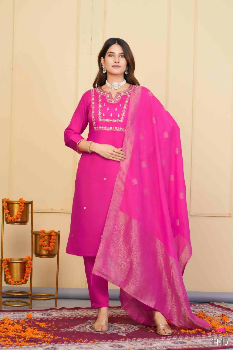 Pink Viscose Chanderi Embroidered Stitched Suit With Dupatta - Tanisha