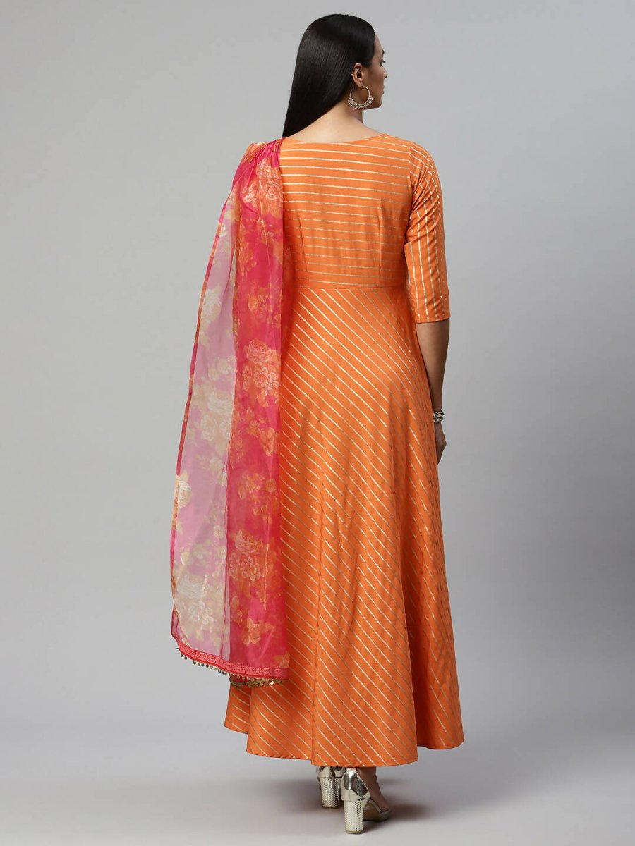 Ahalyaa Women's Orange Crepe Gold Print Dress