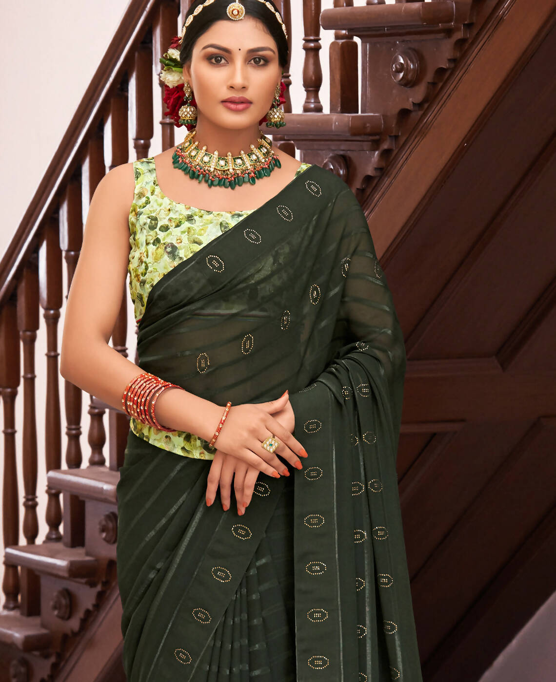 Green Georgette Swaroski Work Saree With Unstitched Blouse Piece - Juhi