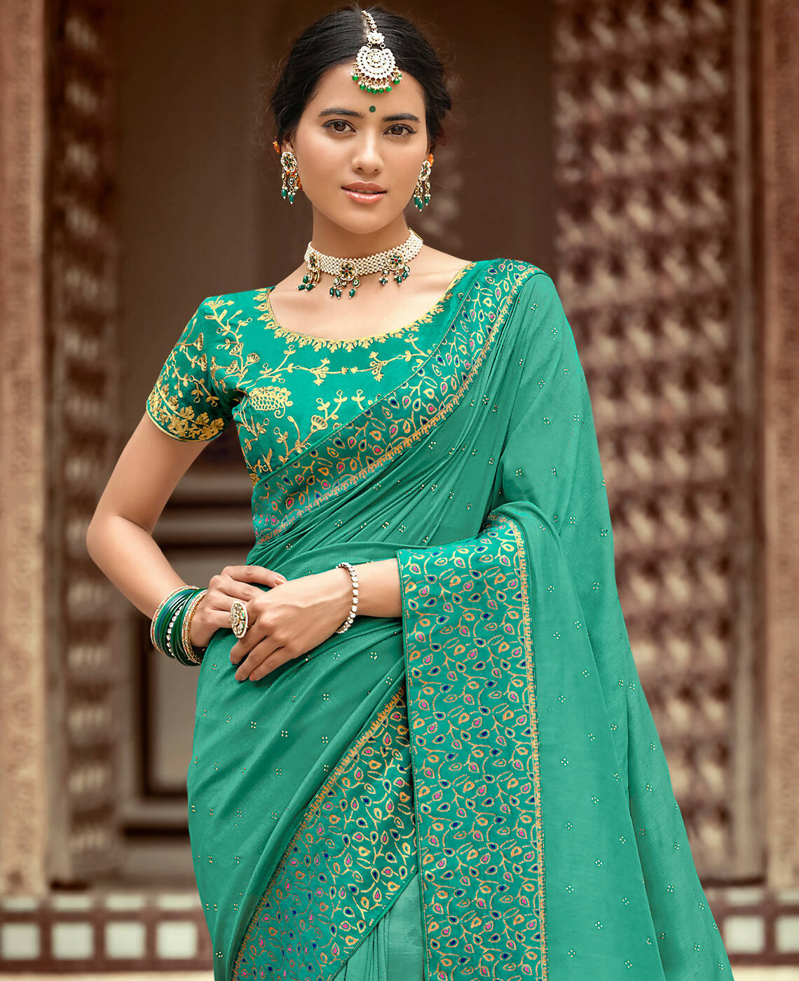 Sea Green Vichitra Stone Work Saree With Unstitched Blouse Piece - Rosy