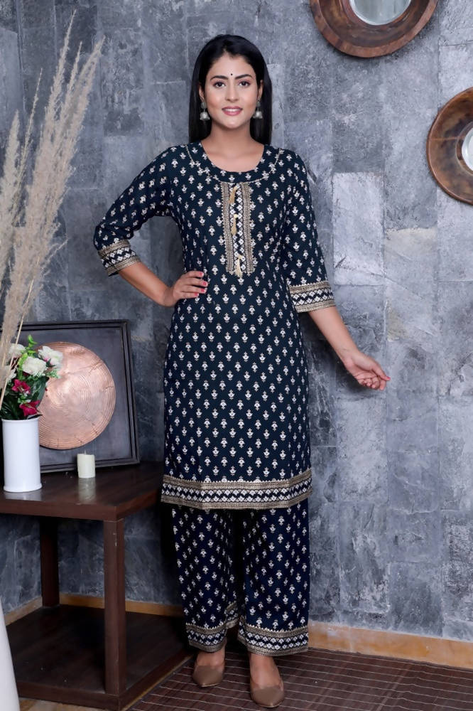 Vamika Navy Blue Gota Patti Work Rayon Party And Casual Wear Kurta Set